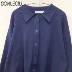 【BONLECILL】ボリュームスリーブ　ニットポロカーディガン　ネイビー