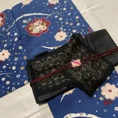撫松庵ふりふ豆千代夢工房お好きな方に❣️紺色花柄小紋と黒レース帯セット