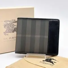 未使用級✨️バーバリー メンズ2つ折り 財布 チェック グレー レザー