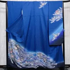 金通しの青色の辻ヶ花の振袖 着物 成人式 晴れの日 晴れ着