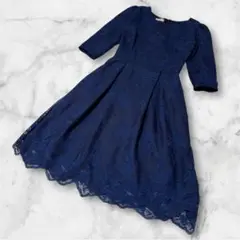 【美品】総レース ワンピース 七分袖 フレア プリーツ ネイビー 紺 結婚式