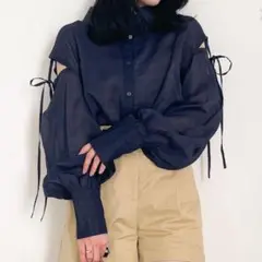 未使用　Heather　AZATO　肩リボンシャツ　ネイビー　完売品