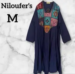 Niloufer's【M】刺繍 ロングワンピース ネイビー フレアワンピース