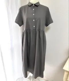 ロングワンピース シャツワンピース 半袖 グレー モスグリーン L