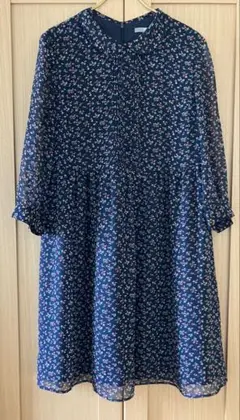 【ユニクロ】小花柄 丸襟 シフォン 七分袖ワンピース Ｌサイズ
