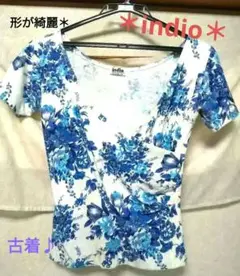 Indio　夏　半袖　ブルー　青　レトロ 花柄　古着　カットソー