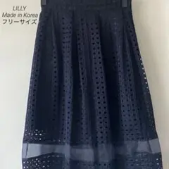 LILLY 【made in韓国】ネイビー シアースカート 膝丈　F