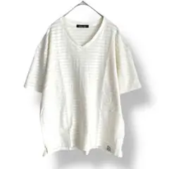 DatumLine レディース　ＶネックTシャツ　刺繍ボーダー　白　オフホワイト
