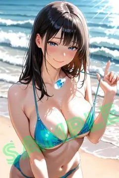ビーチの青いビキニ女性イラスト