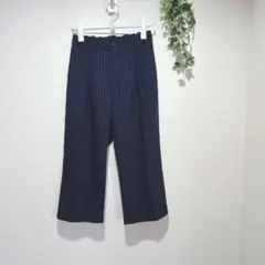 【ブラウニー】ネイビー ストライプ ワイドパンツ　クロップド丈　フリーサイズ
