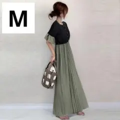 プリーツワンピース M ブラック カーキ フリル 体型カバー 半袖 夏 秋