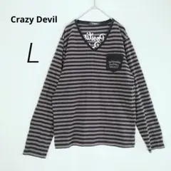 c8025【CrazyDevil】長袖カットソーL黒茶ボーダーVネック胸ポケット