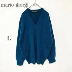 【カシミヤ混】MARIO GIORGI Vネックニット L ロゴ ブルー 秋冬