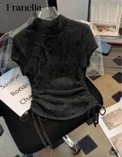Franclia 女性用フラワージャガード ボタンダウン 絞り裾 中国風Tシャツ