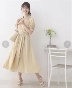 クチュールブローチ　オープンシャツ衿トキメキワンピ　ベージュ　ワンピース