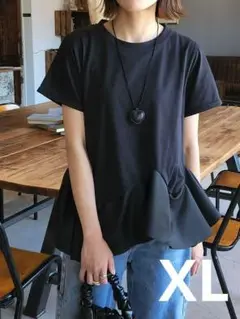 カットソー 半袖 黒 ブラック プルオーバー Tシャツ ペプラム XL
