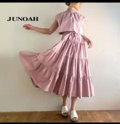 JUNOAH セットアップ風フレンチスリーブティアードワンピース M ピンク