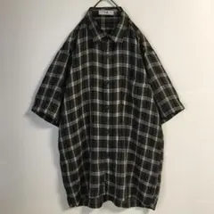 90s 日本製 古着 チェック シャツ 透け感 半袖 メンズL レトロ 黒 白