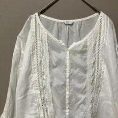 inmercanl 七分袖レースブラウス(F) ホワイトチュニック丈透け感あり