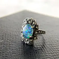 フラワー モチーフ リング 7号 青 シルバー silver 925 ストーン
