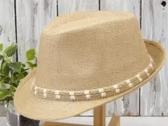 【新品】リネンベルト　ストローハット　ベージュ　中折れハット　サイズ調整可