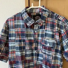 半袖パッチワーク　チェックシャツ　ボタンダウン　Mサイズ