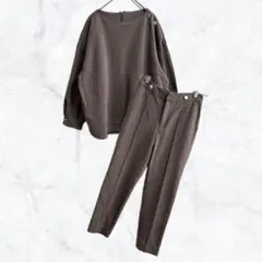 b600【ロペピクニック】メタル釦セットアップ楽々タックインパンツルーズ無地綿混