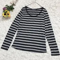 Mignon　長袖Tシャツ　カットー　Uネック　ストライプ　ブラック　グレー　Ｍ