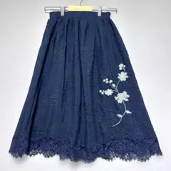 ノーブランド　美品　ネイビー 花柄刺繍 レース付きスカート　涼しげ　夏