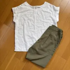 Mサイズ ホワイト刺繍トップスとオリーブパンツセット