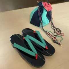 【美品】レディース 黒緑ストラップ草履と巾着袋セット Mサイズ 浴衣