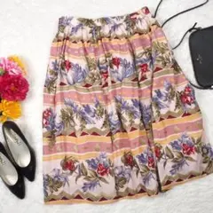 Y2891最高級☆キャシャレル 花柄 スカート ピンク 赤 青ブルー