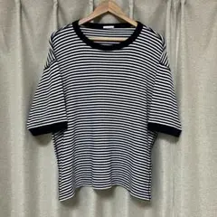 ジーユー メンズ ワッフルTシャツ(5分袖)(ボーダー) 紺色 M