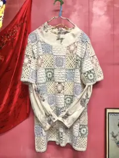 519.淡色 パステルカラー クロシェニット 半袖 ハンドメイド 【古着】