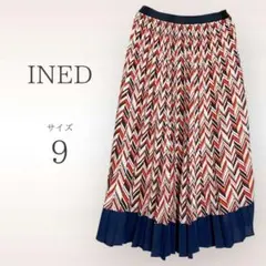 INED イネド ヘリンボーンプリントプリーツスカート 【9】 レッド系 日本製