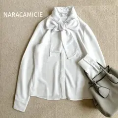 洗える♡ナラカミーチェ＊シャドー細ストライプボウタイ長袖ブラウス　白　0