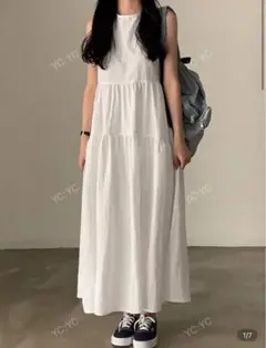 ホワイト ノースリーブ ロングワンピース ティアード