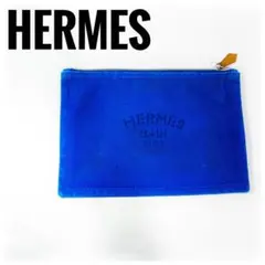 深夜セールエルメス HERMES フラットポーチ コットンキャンバス ブルー 青