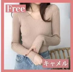 【着回し抜群❣️】ベージュ リブニット Vネック トップス ノーブランド 秋冬服
