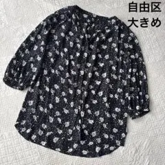 [自由区] 大きめ　花柄　七分袖　スキッパー　柄物　シャツ　ブラウ40size