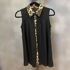 Papillonner ノースリーブシャツ 黒 ヒョウ柄