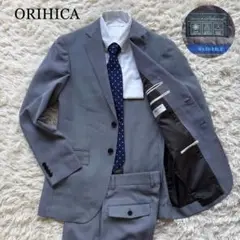 美品 ORIHICA ストレッチ 軽量スーツ 洗濯可 パンツ2本 ブルー系Y5