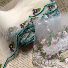 花柄チュール生地 緑と紫の刺繍、ピンクの小花の2種 ラスト