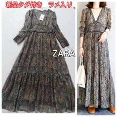 新品☆ザラ☆ラメ入りVネック☆リーフ柄シフォンマキシ丈ワンピース☆M相当