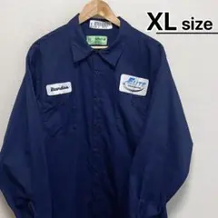 USA古着　ワークシャツ　XL　長袖　ネイビー　ワッペン　丈長め　Aramark
