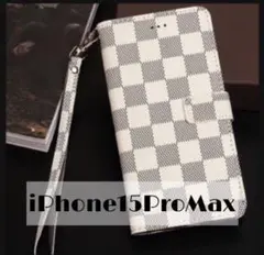 チェック柄 手帳型 iPhoneケース iPhone15ProMax ホワイト
