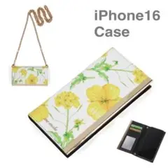 ミラー付き！iPhone16/15用キャノーライエロー手帳型ケース　菜の花