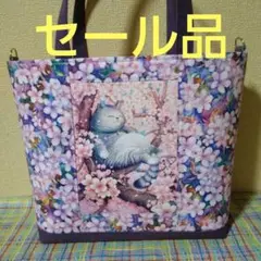 《セール品》ハンドメイド桜ネコちゃんトートバッグ(手持ちタイプ)