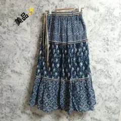 美品　ZARA　ロングスカート【XS】ブルー系　ベルト付き　ウエストゴム　総柄