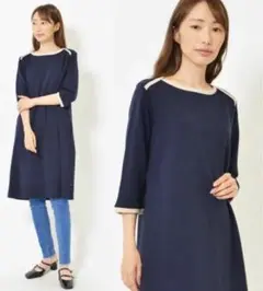 エニワイズ　ワンピース サイズ L ネイビー x ベージュ ポケット